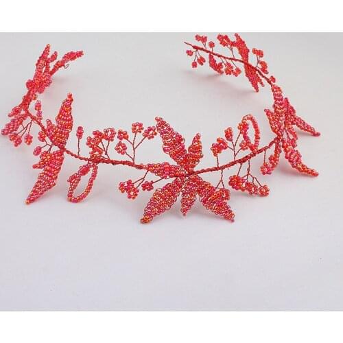 OKILY Luxury Handmade Red Color Beaded Weaving Hair Accessories for Bridal Wedding Bride Hairbands Banquet Party Jewelry