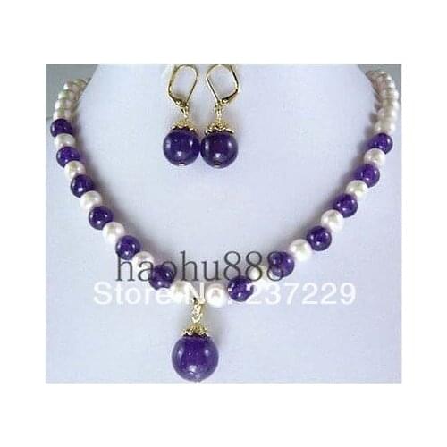Wholesale price FREE SHIPPING aWomens Jewellery bridai white pearl Purple stone Pendant necklace earrings set (A0423)