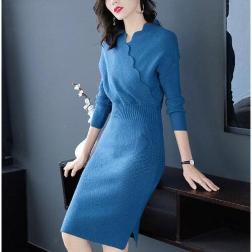 2021 Autumn Winter Women Slim V-neck Knitted Sweater Dress Female Bodycon Tricot Pullovers Dress Knitwear Elegant Vestidos X308