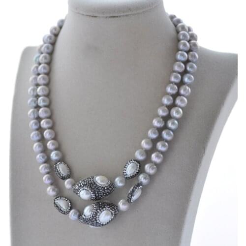 Z10421 36" 30mm Gray Round Pearl Shuttle Bead CZ Necklace