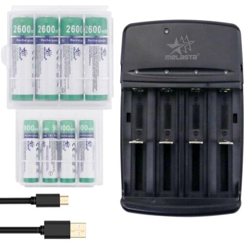 Melasta NIZN 4pcs AA 1.65V 2600mWh Rechargeable Battery + 4pcs AAA 900mWh with 4 slots LED USB charger Ni-Zn for toys MP3 camera