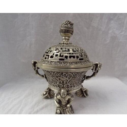 Song voge gem S2909 11" Tibet Silver Buddhism Dragon Head Statue Japan Buddha Incense Burner Censer