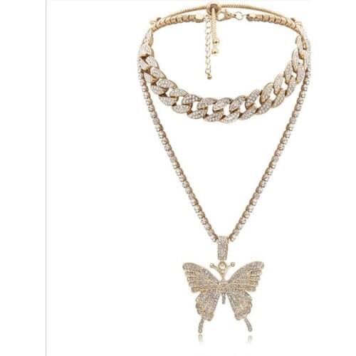 Popular hip-hop style stainless steel with diamond kind double butterfly pendant ladies necklace