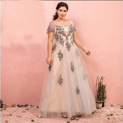 O-Neck Fashion Evening Dress Lace Up Short Sleeves Embroidery A-Line Appliques Floor-Length Plus Size Women Formal Gowns D845