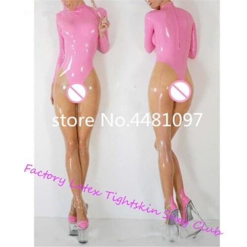 Sexy Women Transparent & Pink Rubber Latex Catsuit with Socks back Zipper Latex Bodysuit Zentai Bodysuit Custom Made