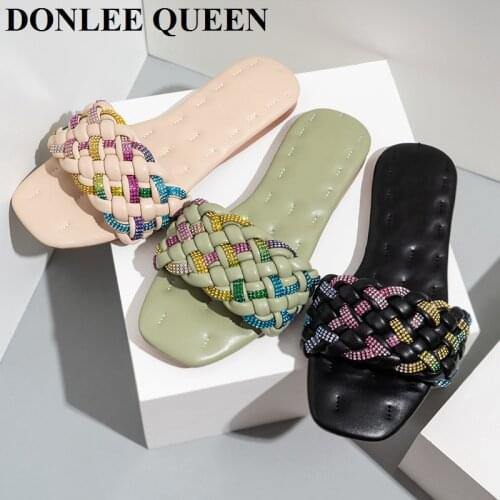 Fashion Weave Slippers Women Square Toe Flat Casual Shoes Summer Rhinestone Slides Flip Flops Beach Sandals Big Size 37-42 Mujer