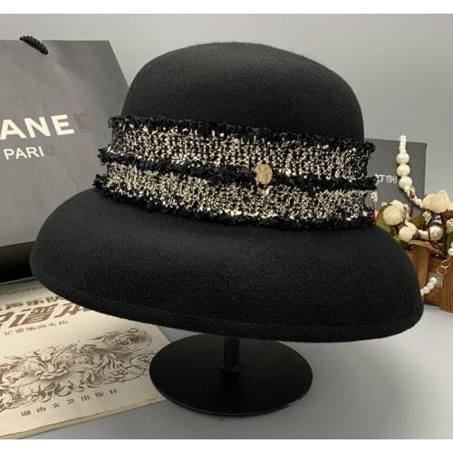 Retro Style Black Pure Wool Felt Floppy Hat Wide Brim Women Winter Fedora Cloche Bowler Hat Ribbon Band Wedding Party Church Hat