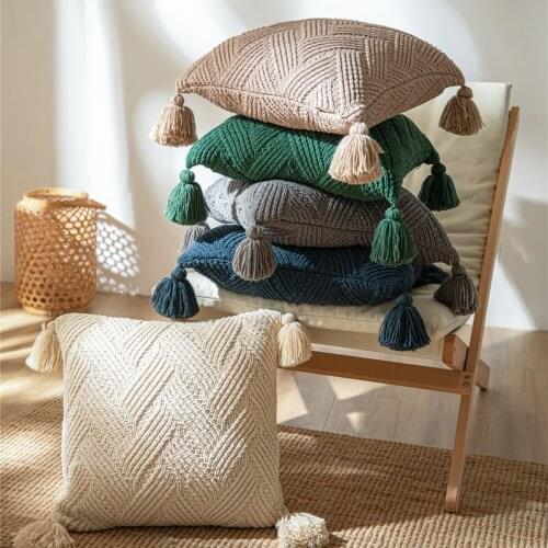 Twill Knitted Cushion Cover 45x45cm Pillowcase Ivory Beige Green Gray Tassel Home Decoration Square Pillowcase