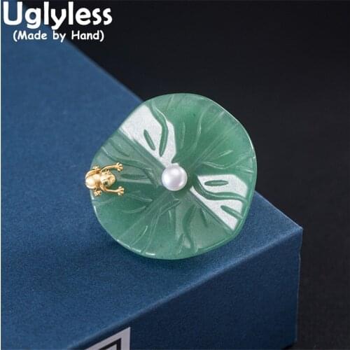 Uglyless Charming Eastern Beauty Jade Lotus Leaf Pins for Women 925 Silver Frog Brooches for Men Elegant Dress Jewelry Pearls