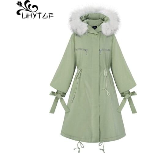 UHYTGF New Plus size Korean Lace up Down cotton Coats Womens Winter Coat Female Hooded Warm Jacket Women Long Cotton Parka X743