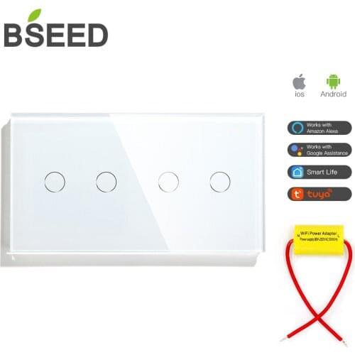 Bseed Smart 4 Gang WifI Control Single Live Touch Switch 157mm 3 Color Mirror Crystal Panel Switch Work With Tuya Smart Life