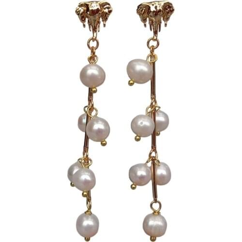 Y.YING Natural Cultured White Freshwater Pearl Dangle gold plated elephant Shape Stud Earrings