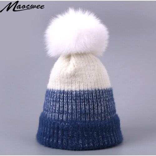 Winter Real Fox Fur Pompon Hat For Women Thick Crochet Knitted Warm Beanies Caps Outdoor Solid Hat With Natural Fox Fur Pom Pom