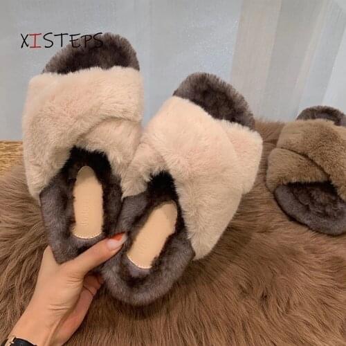 Women Fuzzy Slippers Thick Soled Winter Shoes Indoor Fur Slippers Fluffy Slippers Beige Khaki Ladies House Shoes 2020 New