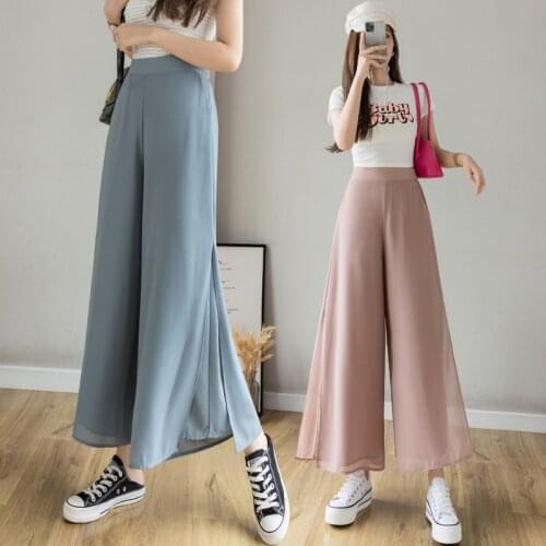 2021 Summer Korean High Waist Womens Chiffon Pants Culottes Wide Leg Pants Casual Loose Culottes Pants For Women Trousers