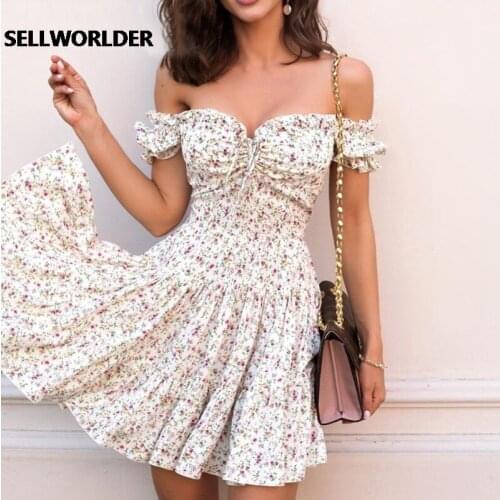 Elegant 2021 Women White Vestidos New Sexy Chiffon Ruffles off Shoulder Sexy Mini dress Floral Printed A-line Summer Wrap dress