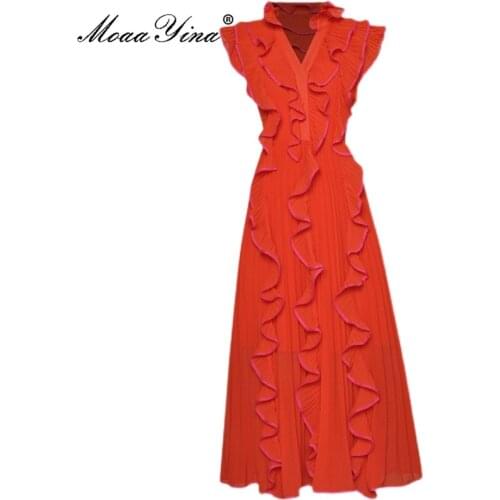 MoaaYina New 2021 Fashion Runway Summer Party Dress Women V-neck Chiffon Elegant Ruffles Solid Pleated Midi Dress