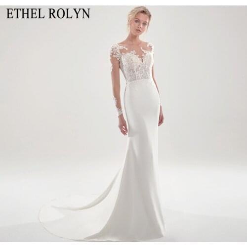 ETHEL ROLYN Mermaid Wedding Dress 2021 Long Sleeve Elegant Satin Illusion Lace Appliques Button Scoop Bride Gown Vestido Noiva