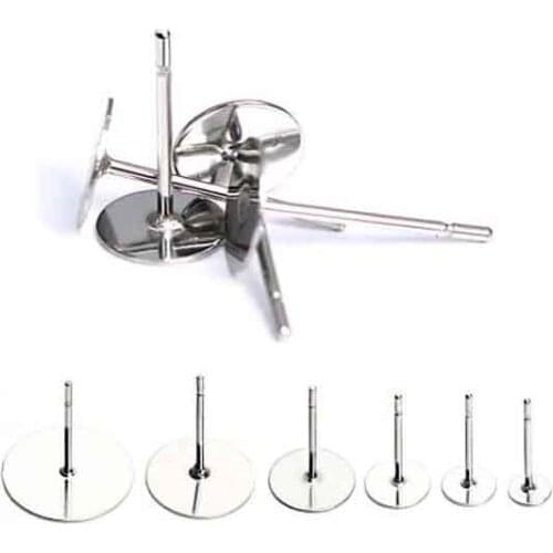 100pcs/lot Stainless Steel Glue-on Ear Studs 3 4 5 6 8 10 12mm Gold/Silver Round Ear Pad Base Setting for DIY Jewelry Findings