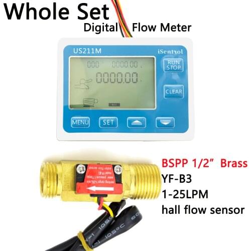 US211M Digital Flow Meter and YF-B3 BSP G1/2" Hall flow sensor Turbine 1-25L/min Turbine Flow Meter Water Flow Sensor iSentrol