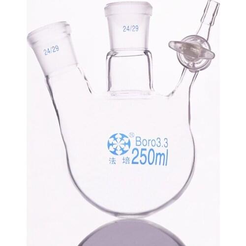 Two-necked reaction bottle oblique shape,Capacity 250ml,Joint 24/29,Glass switch valve,Two-port reaction flask