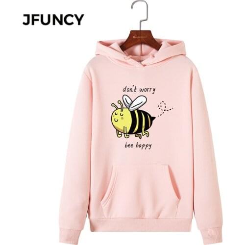 JFUNCY Oversized Long Sleeve Women Hoodies Female Hooded Sweatshirt 2020 Autumn Woman Casual Pullover Bee Happy Print Sportwear