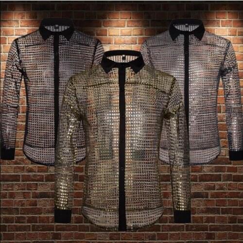 Fashion punk slim sexy shirt men long sleeve loose shirt teenage korean Mesh sequins shirt mens personality stage singer dance