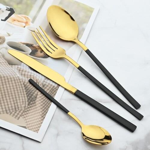 24Pcs BlackGold Tableware Set Knife Fork Spoon Cutlery Set Stainless Steel Dinner Flatware Set Kitchen Accessories Droppshipping