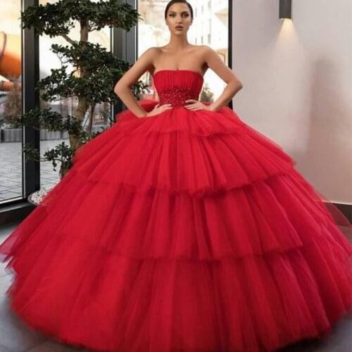2021 Cheap Custom Made Corset Red Strapless Women Ball Gowns Sweet 16 Dresses Gowns Prom Dresses Quinceanera Dresses Gowns