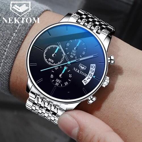New Causal Sport Chronograph Mens Watches Stainless Steel Wristwatch Big Dial Quartz Clock with Luminous Pointers Gift for Men