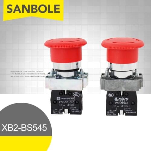 Emergency stop button switch self-locking xb2-bs545 rotary reset mushroom head one normally open and one normally closed 22mm