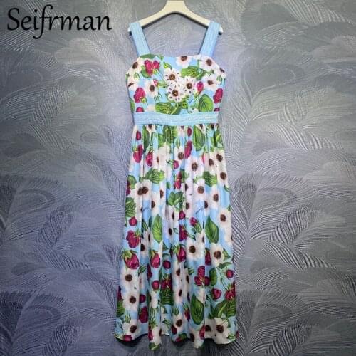 Seifrmann New 2021 Summer Women Fashion Designer Party Long Dress Sexy Spaghetti Strap Crystal Beading Holiday Beach Dresses