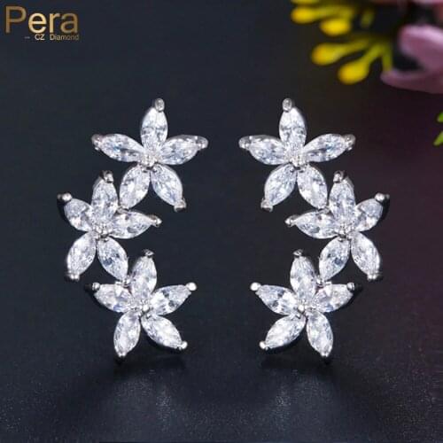 Pera Romantic Silver Color Jewelry Five Petals Flower Shape Cubic Zirconia Stone Women Earrings for Valentines Day Gift E125