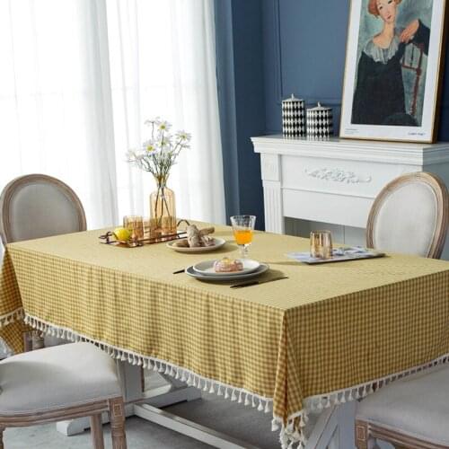 Japan Style Cotton Tablecloth Yellow Retro Small Plaid WhiteTassel Hem Rectangle Dining Table Cloth for Home Christmas Party