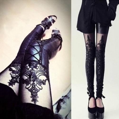 Stylish Sexy Women Faux Leather Gothic Punk Leggings Imitation Lace Pants Leather Trousers Nine-point Skinny Pants Belt
