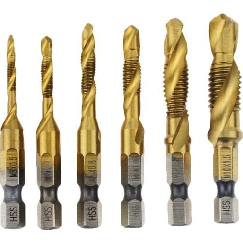 6pcs 1/4" M3-M10 Screw Tap Drill Bits HSS Countersink Coated Taps Hex Shank Thread Titanium Woodworking Drill Bits Hand Tools