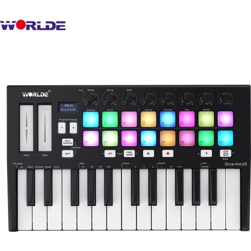 WORLDE Orca mini25 Portable 25-Key USB MIDI Keyboard Controller with 16 RGB Backlit Trigger Pads 8 Assignable Control Knobs