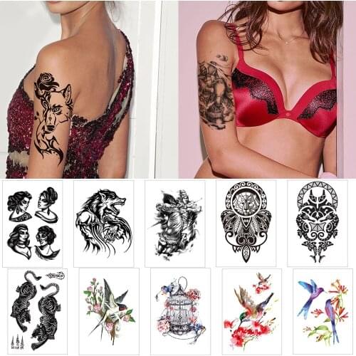 Half arm temporary sticker tattoo Bird magpie watercolor body tattoo Wolf tiger black ink fake tattoos Water transfer tattoo