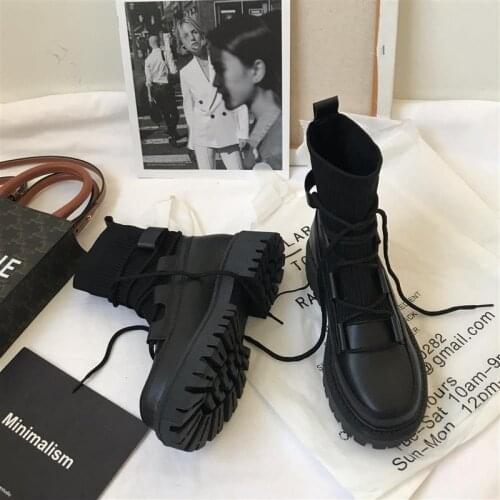 HOUZHOU Womens Ankle Boots Platforms 2021 Mid-Calf Knitted PU Punk Style Shoes Gothic Black Autumn Winter Harajuku