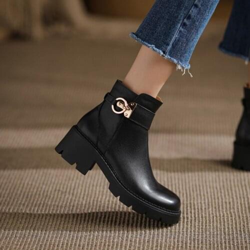 2021 Winter Genuine Leather Women Shoes Round Toe ZIP Women Boots Office Lady Female Boots ANKLE Boots Platform Shoes Grown