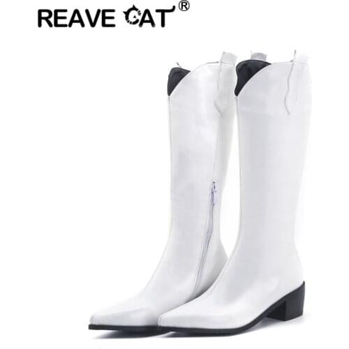 REAVE CAT New Square High Heel Patent Leather Knee High Boots Women Pointed Toe Western Style Zipper Big Size 34-48 S2360