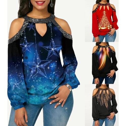 Womens Fashion Loose Casual long sleeve off shoulder Floral print Autumn T Shirts blouse