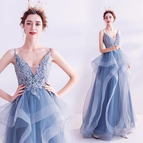 Free shipping greydish blue long v neck sweat lady girl women party prom dress performance singing dress gown