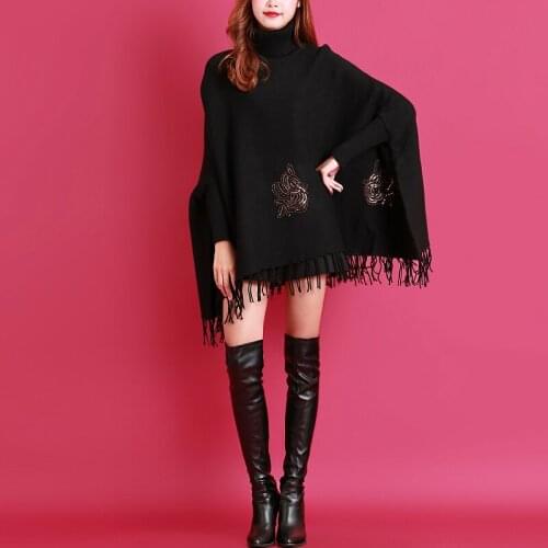 ZJZLL Wholesale Turtleneck Crochet Lady Sweater Poncho Tassel Cape Patterns Embroidery Letter Pullover Shawl Women Trench Coat