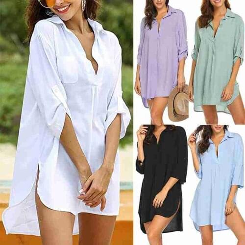 2021 Summer Beach Sexy Bikini Cover-ups Chiffon Shirt Women Beachwear V- Neck Suit Bathing Deep Dress Swim Suit Cover Up Top