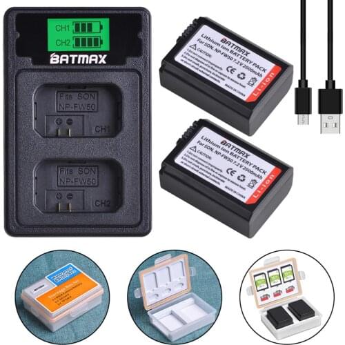 Batmax 2pcs NP-FW50 NP FW50 Battery with battery box+LCD Dual USB Charger for Sony Alpha a6500 a6300 a6000 a5000 a3000 NEX-3 a7R