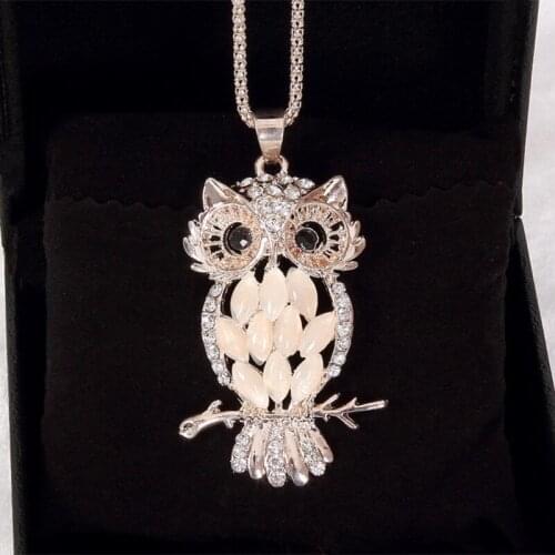 Korean Women Sweater Chain Owl Rhinestones Crystal Pendant Necklaces Big Butterfly Flower Necklace Jewelry Clothing Accessories