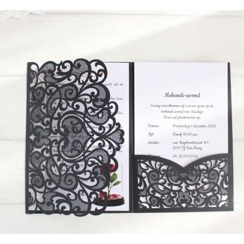 Black laser cut wedding invitations rural three fold party invite with envelop 50pcs