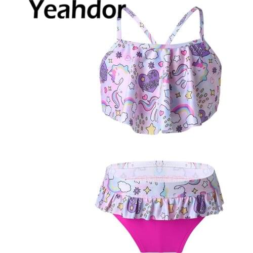 Kids Girls Two Pieces Swimwear Swimsuit Bathing Suits Spaghetti Straps Criss Cross at Rear Ruffle Hem Tube Top with Bottom Set