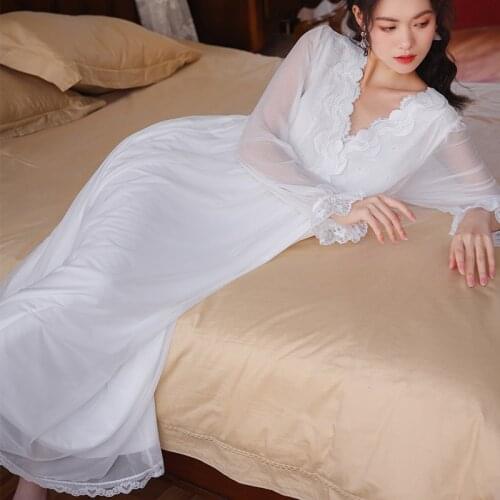 White Tulle Long Night Dress Women Fairy Vintage Victorian Nightgowns Romantic Sleepwear Autumn Modal Lace Peignoir Nightwear